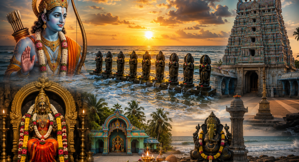 Devipattinam Navapashanam Navagraha Temple in Ramanathapuram, where Lord Rama installed the sacred Navagrahas in the sea before the battle against Ravana.