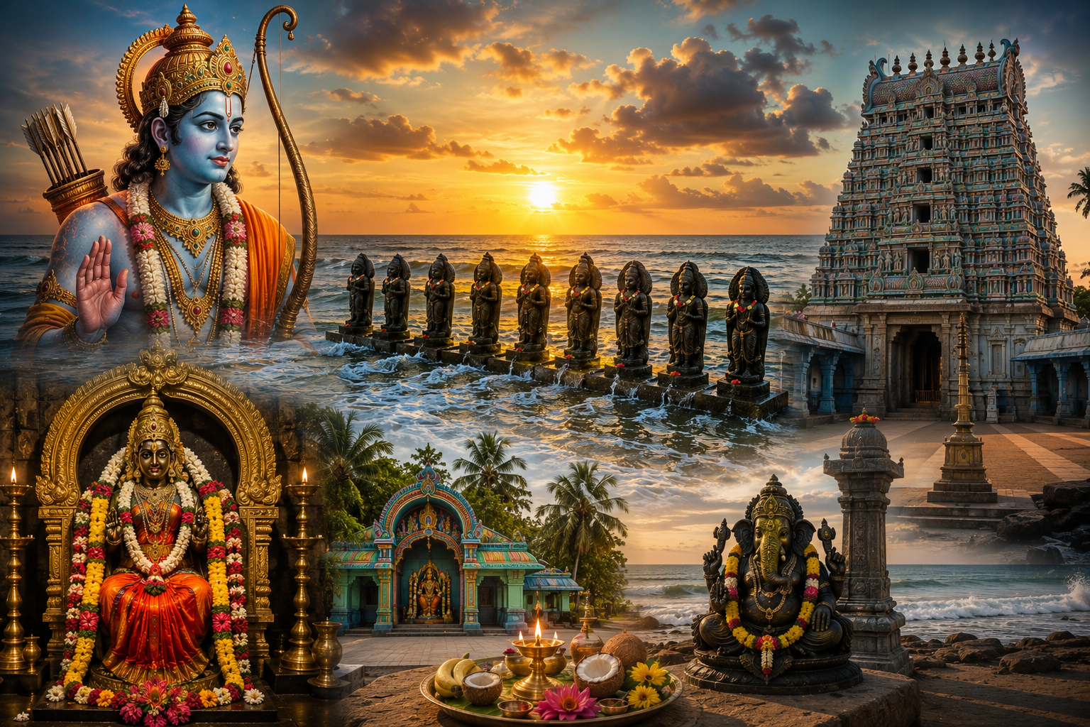 Devipattinam Navapashanam Navagraha Temple in Ramanathapuram, where Lord Rama installed the sacred Navagrahas in the sea before the battle against Ravana.