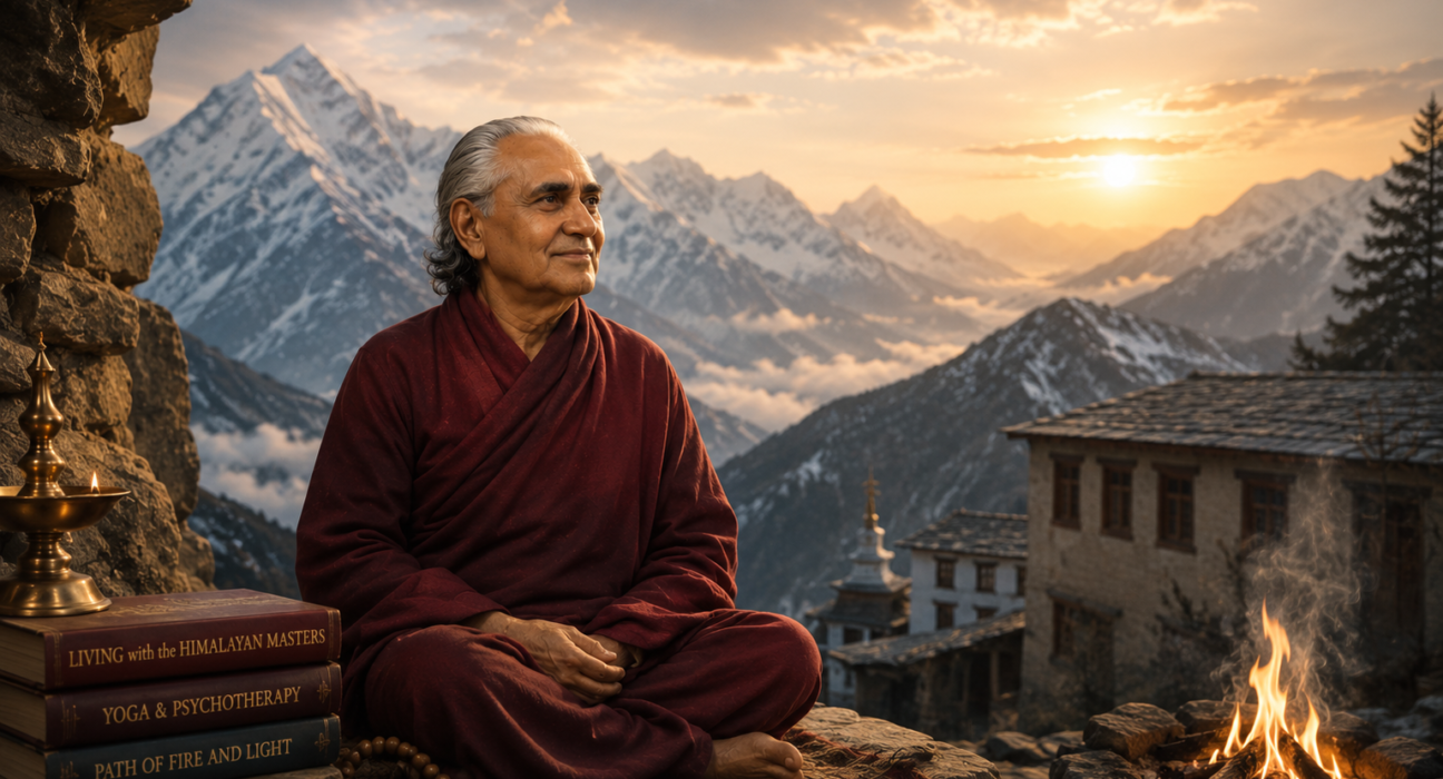 Swami Rama in deep meditation inside a Himalayan cave with snow-covered mountains at sunrise, representing the ancient traditions of Himalayan yoga and spiritual enlightenment.