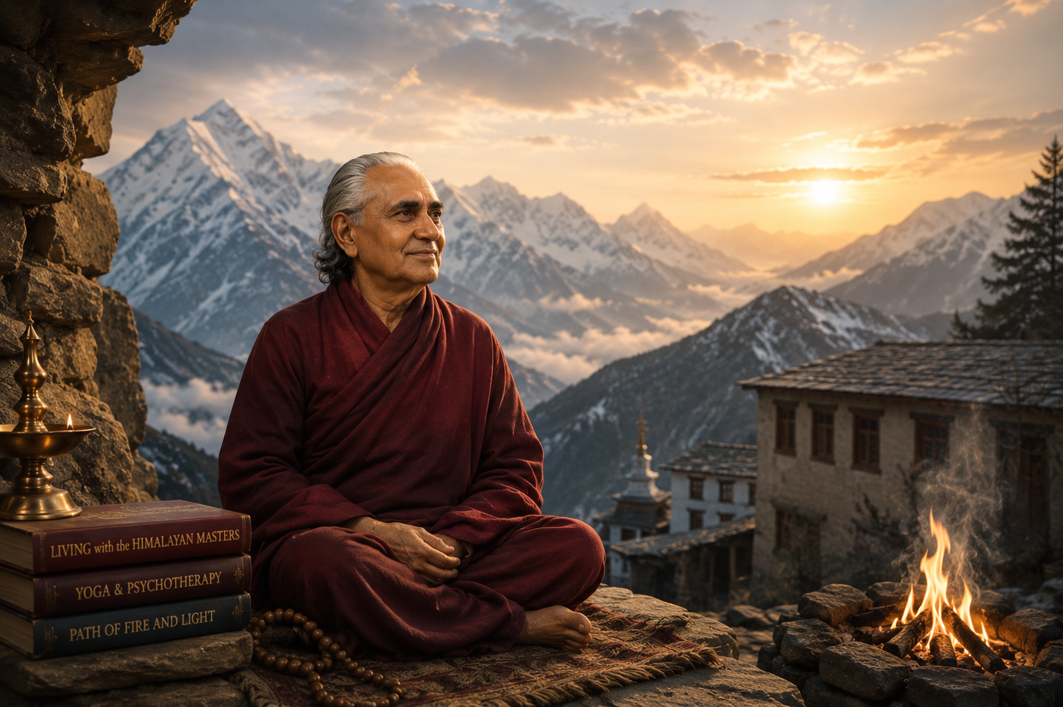Swami Rama in deep meditation inside a Himalayan cave with snow-covered mountains at sunrise, representing the ancient traditions of Himalayan yoga and spiritual enlightenment.