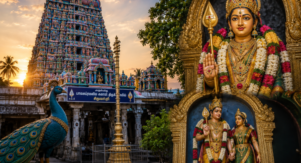 Siruvapuri Balasubramanya Swamy Temple near Chennai, an ancient Murugan temple renowned for marriage blessings, Tiruppugazh hymns, and six-week worship.
