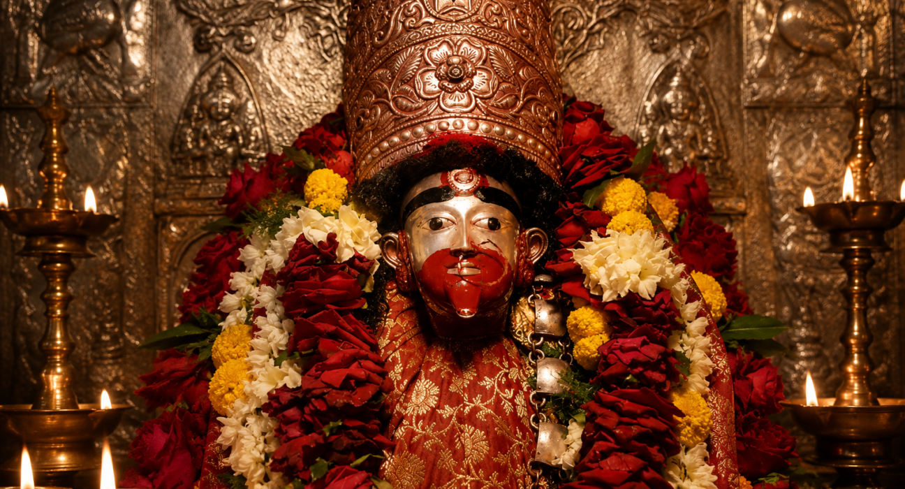 Sacred idol of Goddess Tara Devi at Tarapith Temple adorned with an ornate crown, flower garlands, and glowing oil lamps in a traditional Bengali shrine.