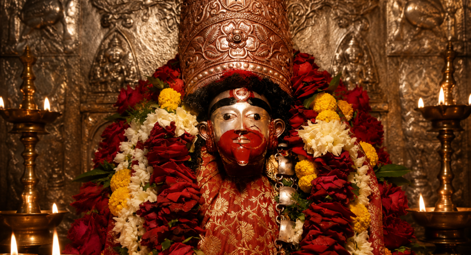 Sacred idol of Goddess Tara Devi at Tarapith Temple adorned with an ornate crown, flower garlands, and glowing oil lamps in a traditional Bengali shrine.
