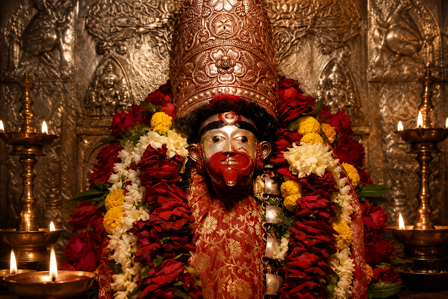Sacred idol of Goddess Tara Devi at Tarapith Temple adorned with an ornate crown, flower garlands, and glowing oil lamps in a traditional Bengali shrine.
