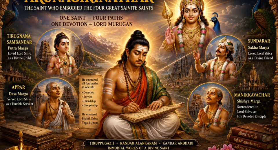 Illustration of Saint Arunagirinathar receiving the divine grace of Lord Murugan, symbolizing the unity of the four Saivite spiritual paths.
