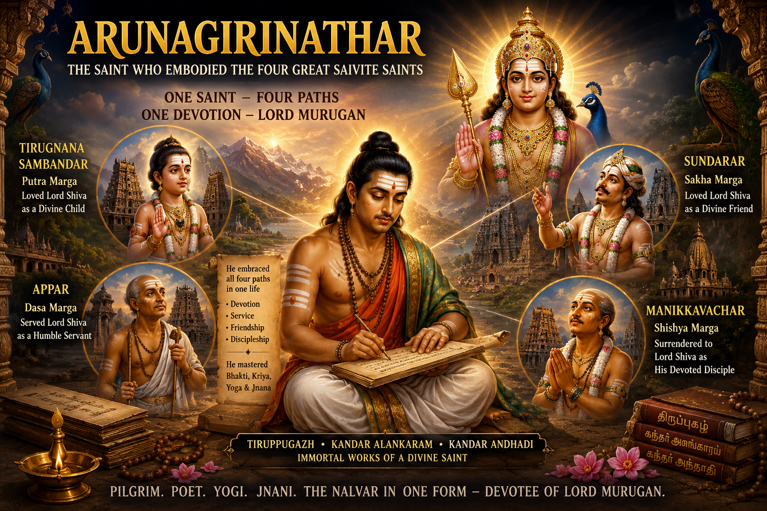 Illustration of Saint Arunagirinathar receiving the divine grace of Lord Murugan, symbolizing the unity of the four Saivite spiritual paths.