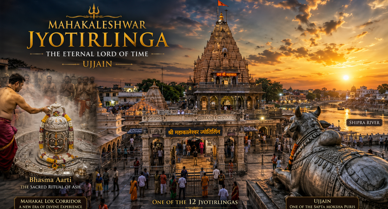 Mahakaleshwar Jyotirlinga Temple in Ujjain during sunrise with the sacred Shipra River and Mahakal Lok.