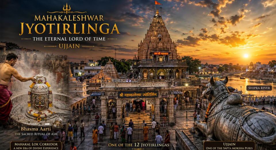 Mahakaleshwar Jyotirlinga Temple in Ujjain during sunrise with the sacred Shipra River and Mahakal Lok.
