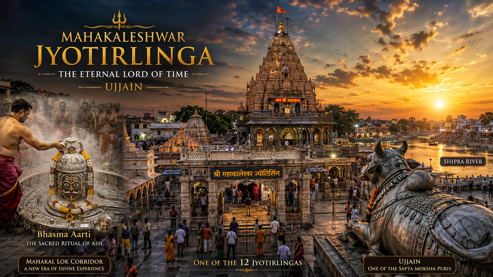 Mahakaleshwar Jyotirlinga Temple in Ujjain during sunrise with the sacred Shipra River and Mahakal Lok.