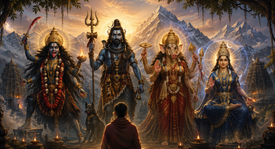 Ultra-realistic depiction of Kala Bhairava, Goddess Kali, Goddess Varahi, and Goddess Tara standing together in a divine Himalayan landscape, symbolizing protection, courage, wisdom, and spiritual transformation.