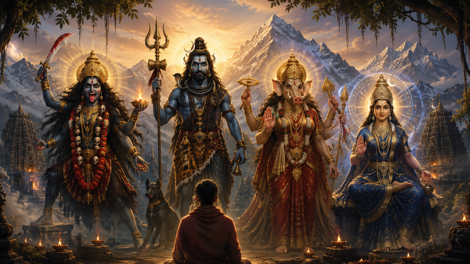 Ultra-realistic depiction of Kala Bhairava, Goddess Kali, Goddess Varahi, and Goddess Tara standing together in a divine Himalayan landscape, symbolizing protection, courage, wisdom, and spiritual transformation.