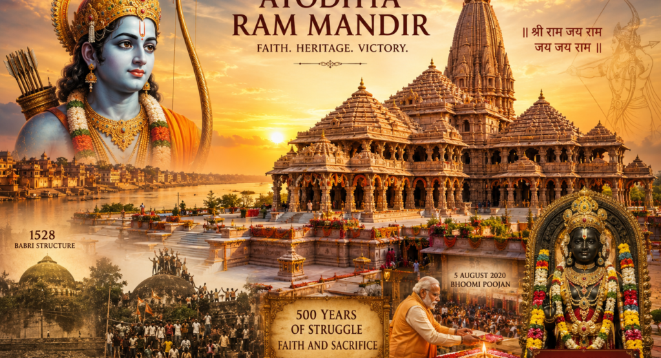 Ayodhya Ram Mandir at Sri Ram Janmabhoomi, the sacred birthplace of Lord Rama, showcasing magnificent Nagara-style temple architecture.