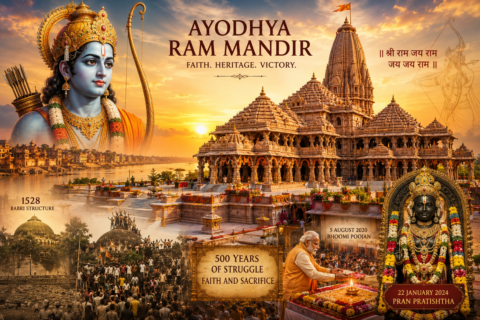 Ayodhya Ram Mandir at Sri Ram Janmabhoomi, the sacred birthplace of Lord Rama, showcasing magnificent Nagara-style temple architecture.