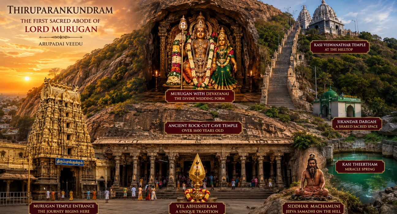Lord Murugan with Deivanai at the ancient rock-cut Thiruparankundram Temple, the first of the Six Sacred Abodes of Murugan in Madurai, Tamil Nadu.