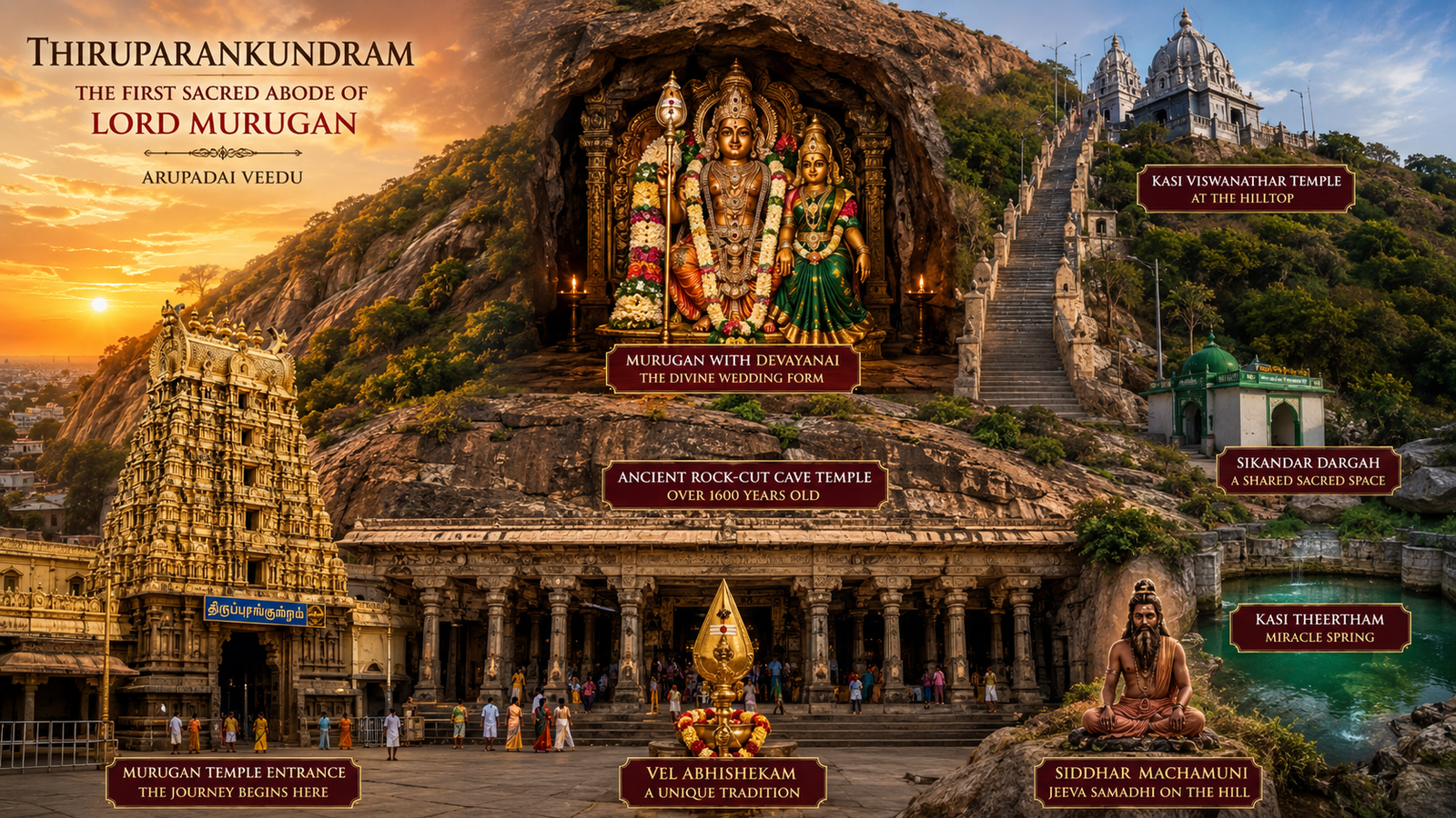 Lord Murugan with Deivanai at the ancient rock-cut Thiruparankundram Temple, the first of the Six Sacred Abodes of Murugan in Madurai, Tamil Nadu.