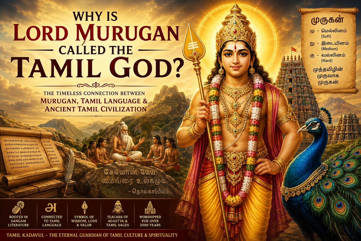 Lord Murugan with Vel and Peacock representing the Tamil God and ancient Tamil spirituality