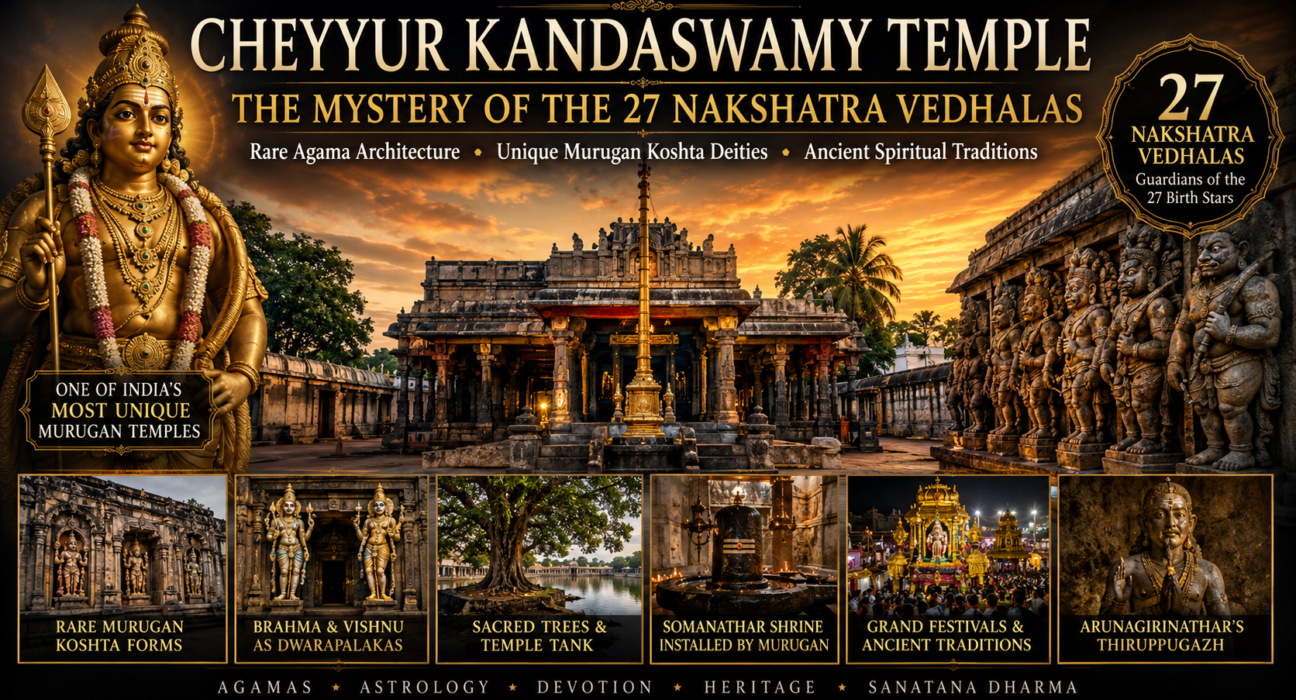 Cheyyur Kandaswamy Temple with the sacred shrine of Lord Murugan, famous for the 27 Nakshatra Vedhalas and rare Agamic temple architecture.