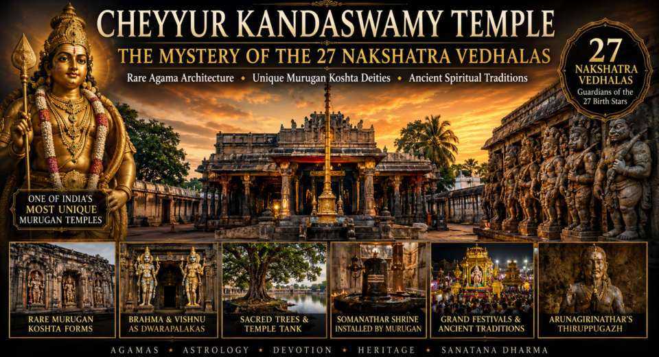 Cheyyur Kandaswamy Temple with the sacred shrine of Lord Murugan, famous for the 27 Nakshatra Vedhalas and rare Agamic temple architecture.