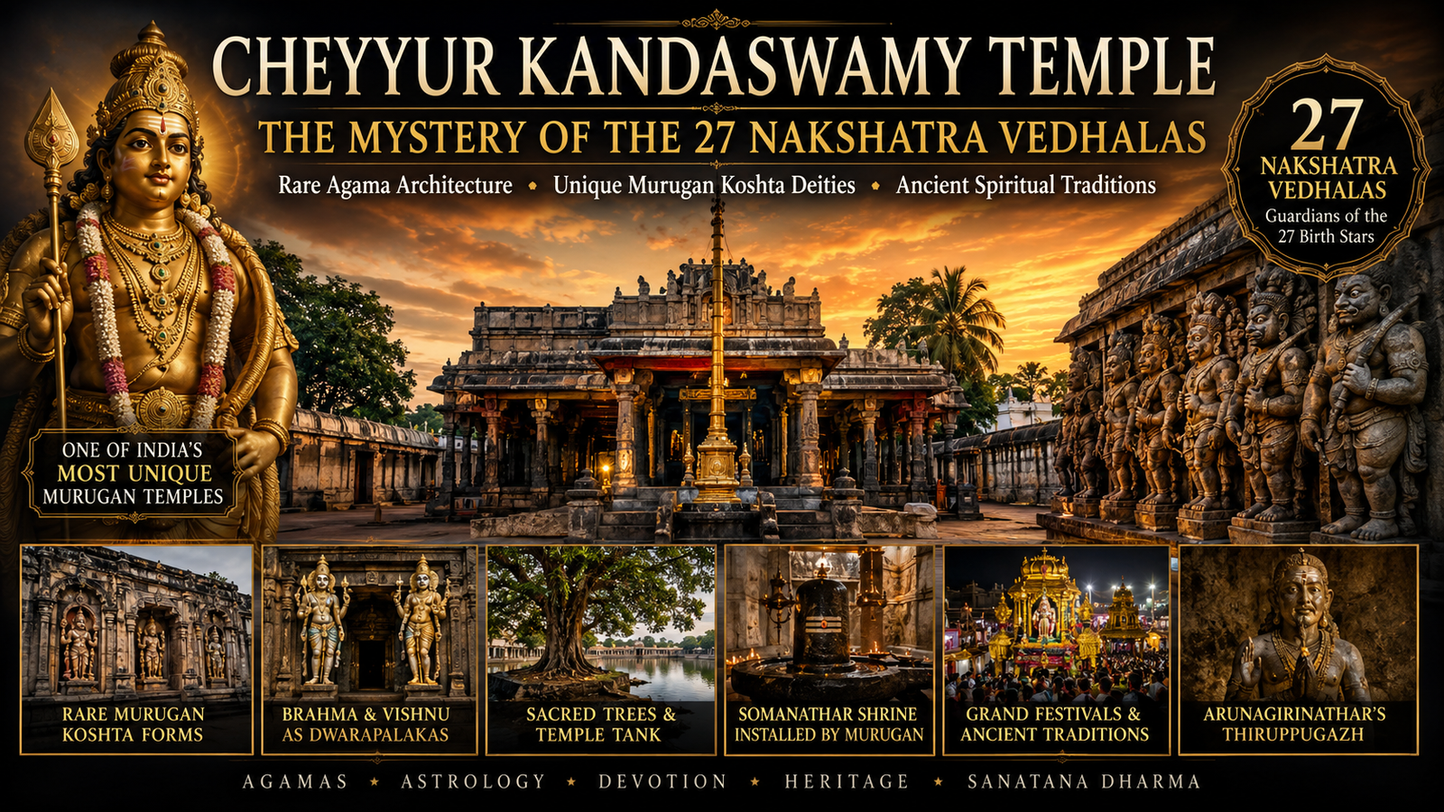 Cheyyur Kandaswamy Temple with the sacred shrine of Lord Murugan, famous for the 27 Nakshatra Vedhalas and rare Agamic temple architecture.