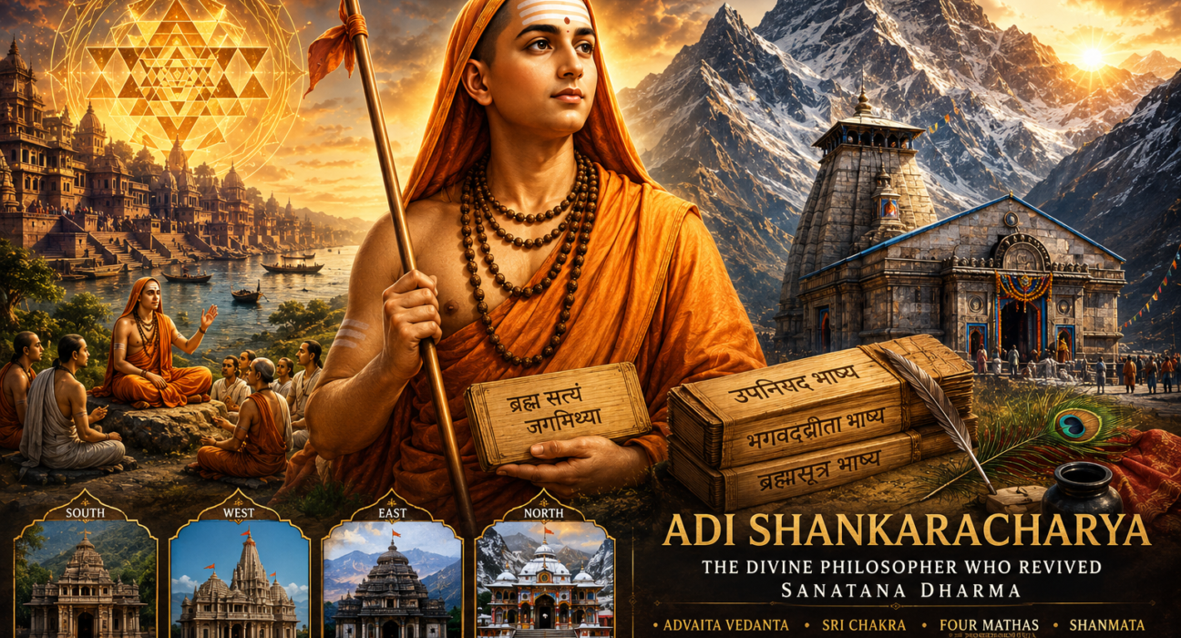 Adi Shankaracharya meditating in the Himalayas holding a staff with saffron robes beside the sacred Himalayas