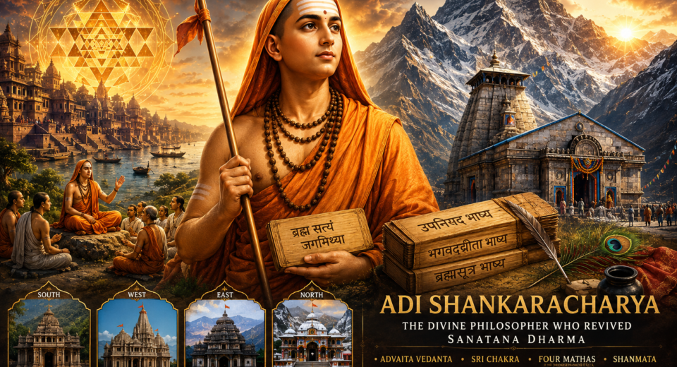 Adi Shankaracharya meditating in the Himalayas holding a staff with saffron robes beside the sacred Himalayas