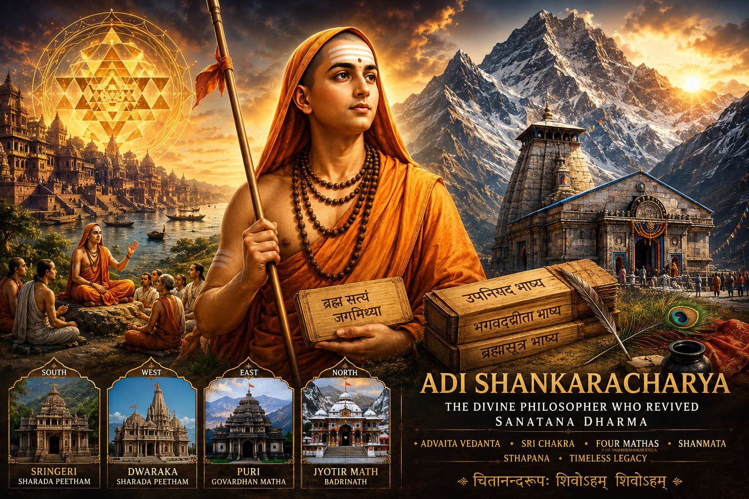 Adi Shankaracharya meditating in the Himalayas holding a staff with saffron robes beside the sacred Himalayas