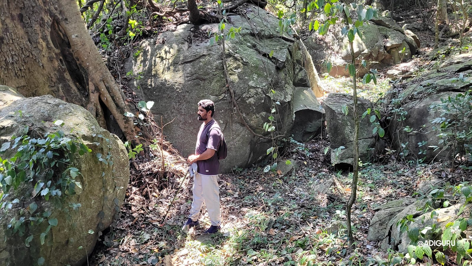A spiritual documentary filmmaker standing before an ancient Indian temple, symbolizing the journey behind ADIGURU and the exploration of timeless spirituality.