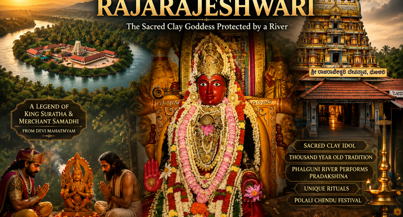 Polali Rajarajeshwari Temple in Karnataka with the sacred clay Goddess and the Phalguni River surrounding the temple.