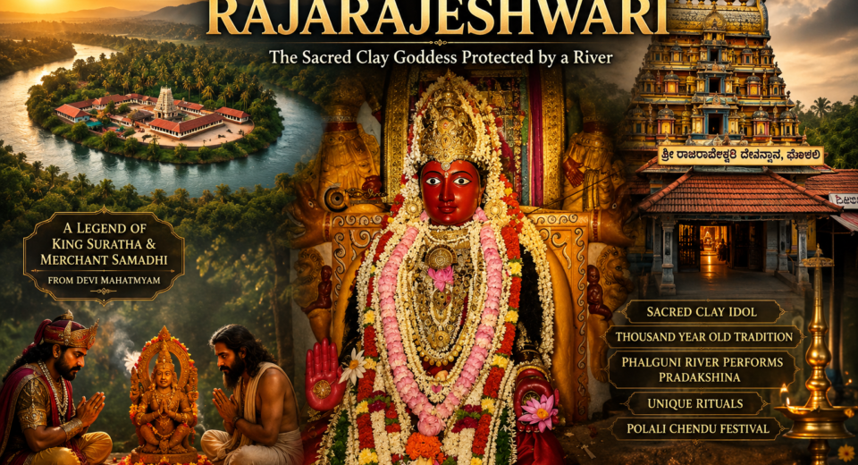 Polali Rajarajeshwari Temple in Karnataka with the sacred clay Goddess and the Phalguni River surrounding the temple.
