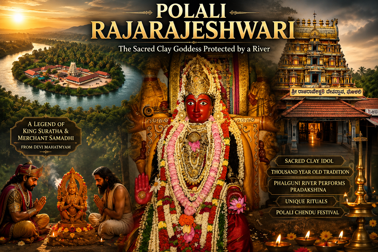 Polali Rajarajeshwari Temple in Karnataka with the sacred clay Goddess and the Phalguni River surrounding the temple.
